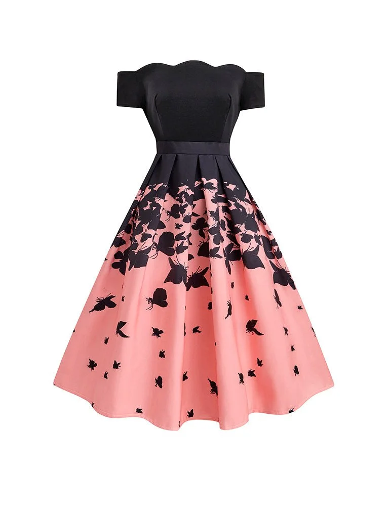 Vintage Dress Gradient butterfly Petal Collar Off-Shoulder Dress