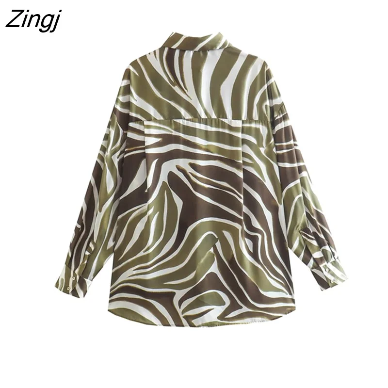 Zingj Women Vintage Double Pocket Patch Animal Striped Print Casual Blouse Female Soft Shirt Chic Chemise Blusas Tops LS1908