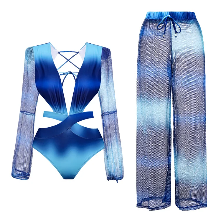 Gradient Blue Deep V Long Sleeve One Piece Swimsuit and Pants -Flaxmaker
