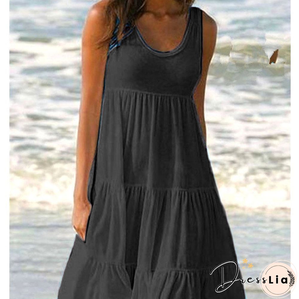Summer Dresses Plus Size Fashion Clothes Women's Casual Tank Tops Party Beach Wear Loose Dresses Solid Color A-line Skirt Cotton Round Neck Off Shoulder Dress Ladies Pleated Halter Mini Dress Sleeveless Dresses