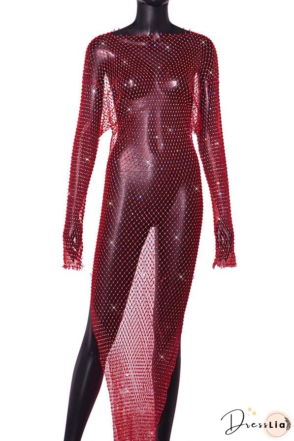Best Layering Items Diamond Mesh Wide Neck Long Sleeve Slit Cover-up Maxi Dress
