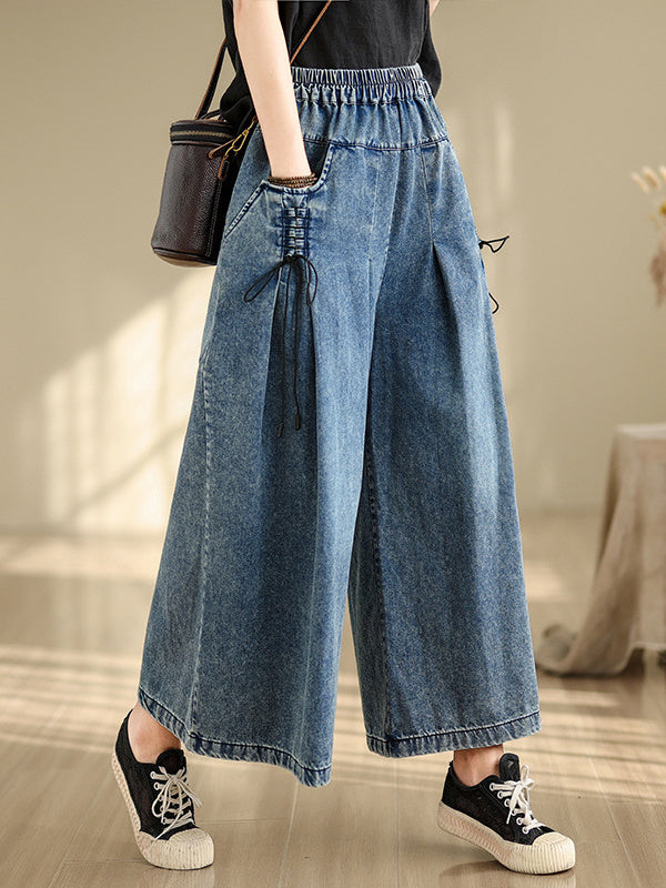 Women's Plus Size Denim Wide Leg Pants Elastic Waist Pants