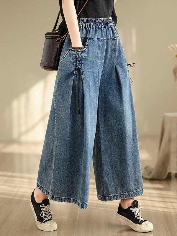 Women's Plus Size Denim Wide Leg Pants Elastic Waist Pants