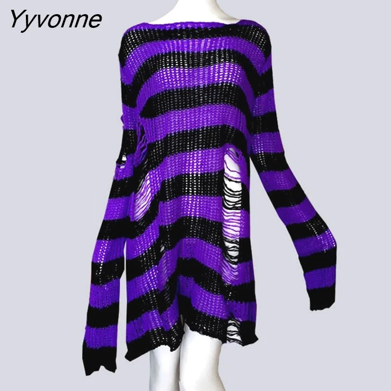 Yyvonne Size Punk Gothic Long Unisex Sweater Dress Cool Hollow Out Hole Broken Jumper Loose Rock Thin Sweter 2023 Women Man Striped 305-0