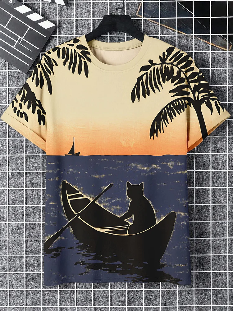 Men's Cat Boating Holiday Print Short Sleeve T-shirt