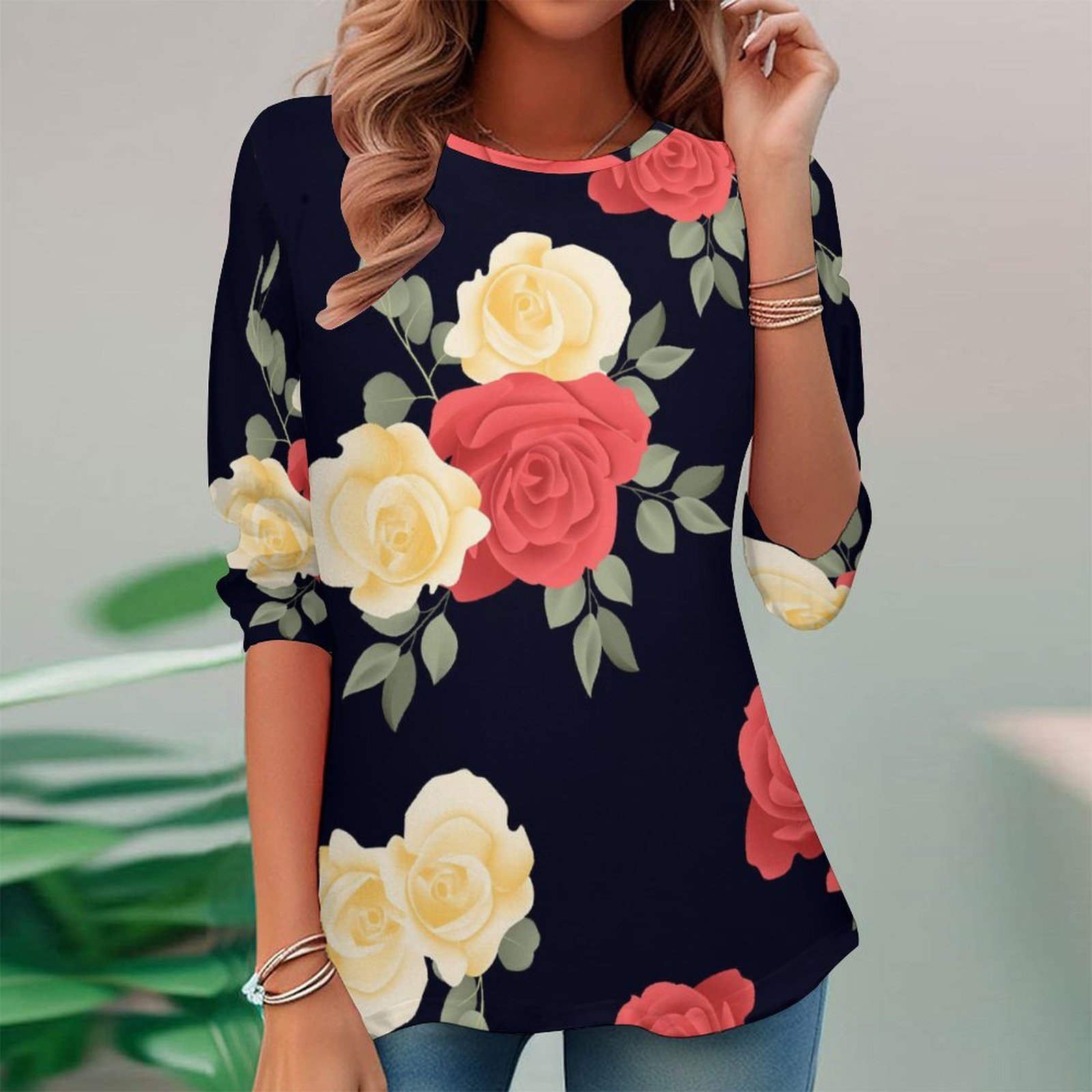 Women Long Sleeve V-neck Graphic Floral Printed Top