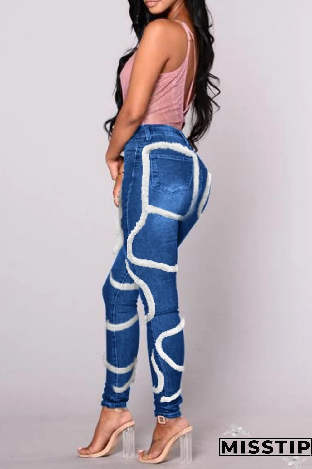 Light Blue Casual Solid Patchwork Mid Waist Regular Denim Jeans