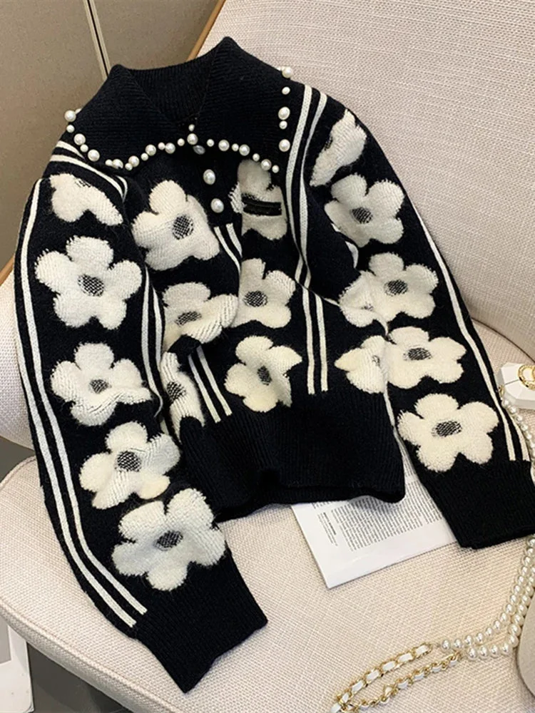 Huiketi Beading Flower Knitted Women Sweater Tops 2024 Autumn Winter Vintage Elegant Ladies Pullover Long Sleeve Fashion Jumpers