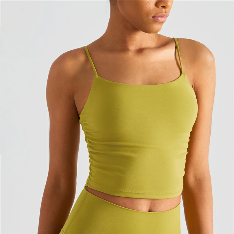 Shop crape scrunch sides u back nude feeling spaghetti strap gym cropped tank top with pads at a great price on Hergymclothing