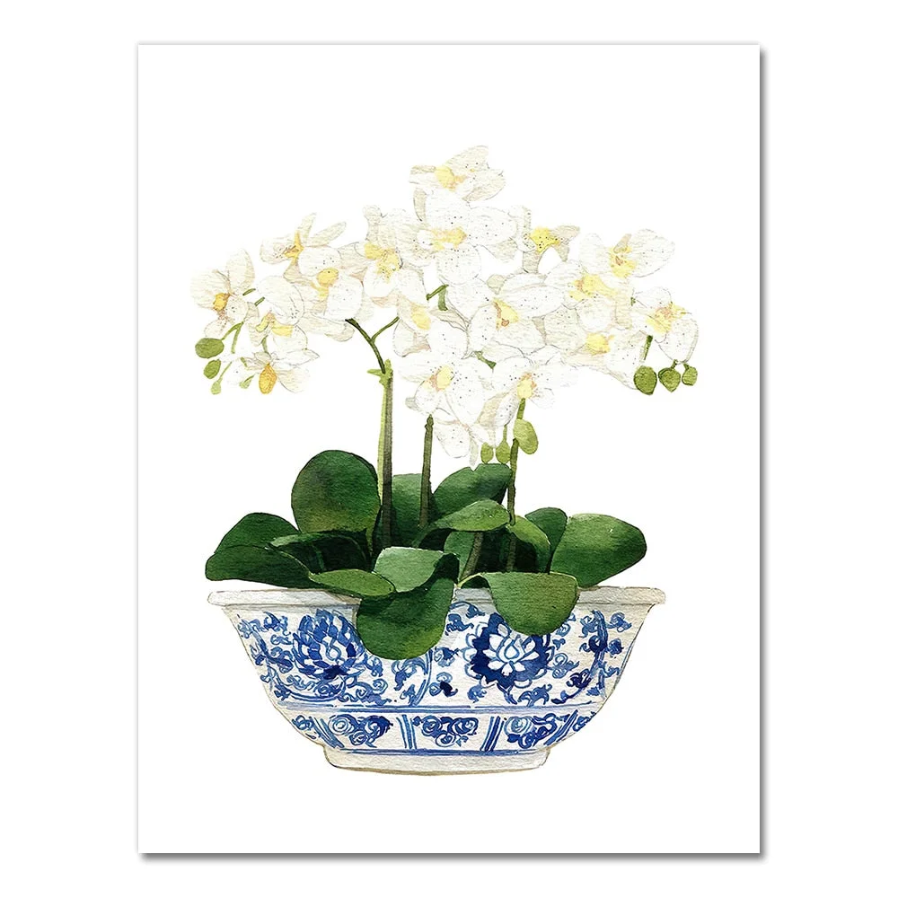 White Orchid & Magnolia Watercolor Chinoiserie Decor Canvas Print Oriental Vase Blue White Willow Style Porcelain Flower Jar