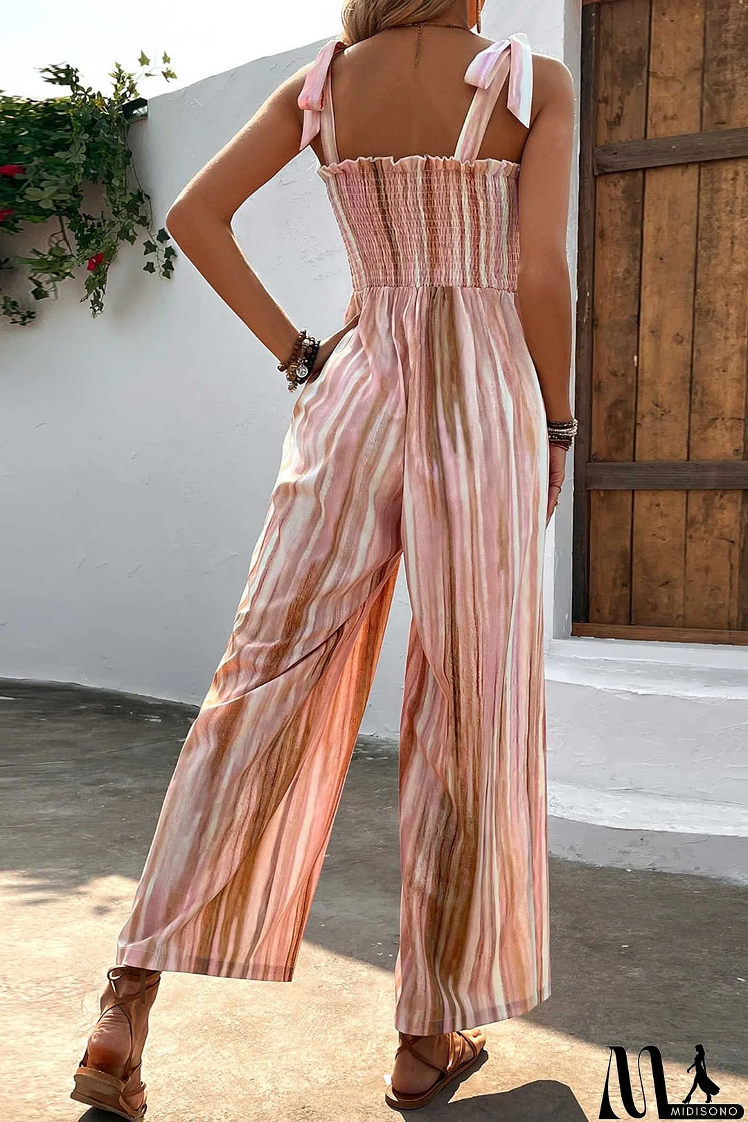 MidiSono - Gradient Striped Smocked Tie-Straps jumpsuits