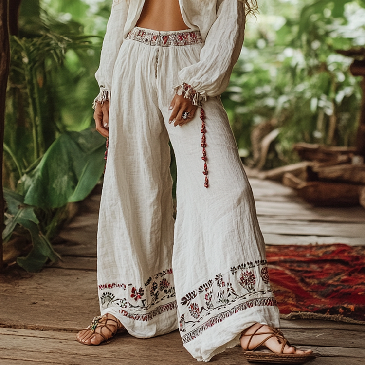 Bohemian Holiday Style Retro Linen Floral Ethnic Totem Print Casual Pants