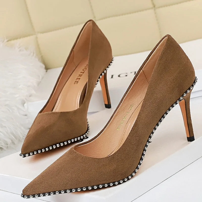 BIGTREE Shoes Black Heels Metal Beads Woman Pumps Suede High Heels Stiletto Wedding Shoes Women Heels Female Plus Size 41 42 43