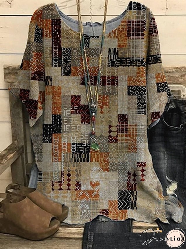 Shirt Blouse khaki Geometry Print Short Sleeve Daily Vacation Vintage Streetwear Crew Neck Regular Linen Plus Size L for Women