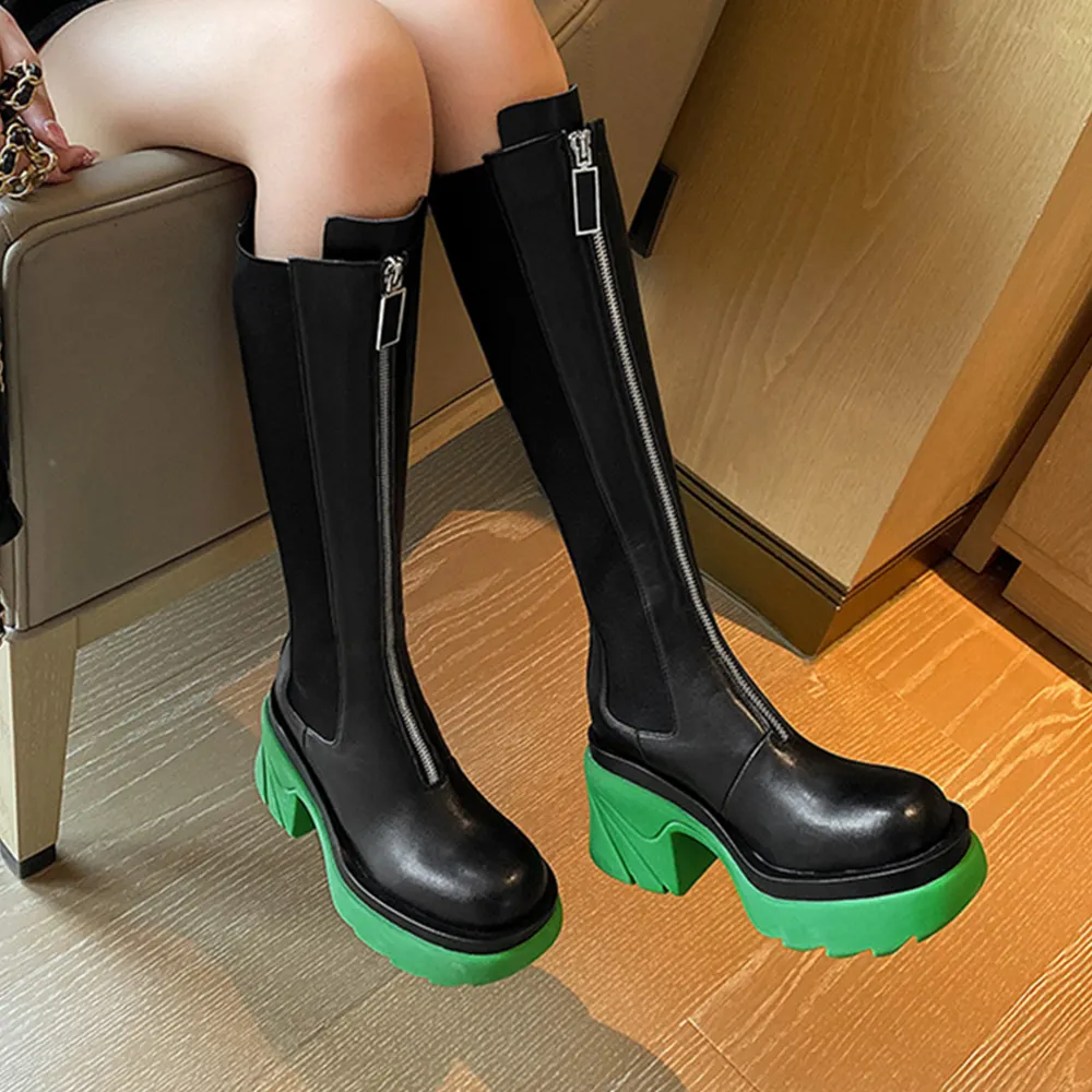 80mm Round Toe Thick-soled Front Zipper Boots-vocosishoes
