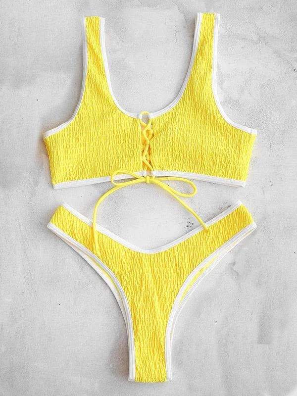 Yellow Ruffled Lace-Up Bikini Swimsuit