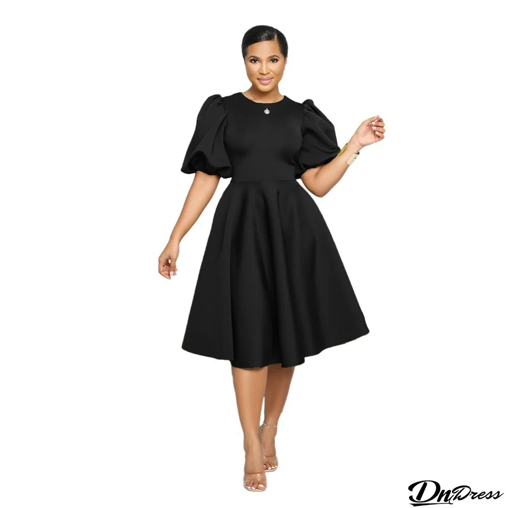 Round Neck Chic Puff Sleeve Slim Waist Swing A-Line Dress
