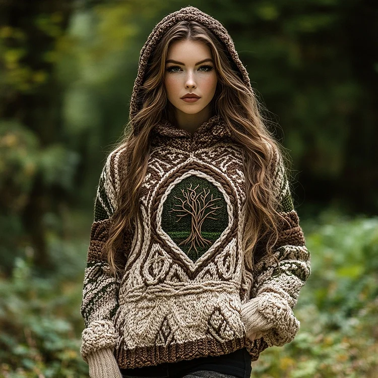 Women's Viking Style Tree Of Life Cozy Chunky Hooded Sweater