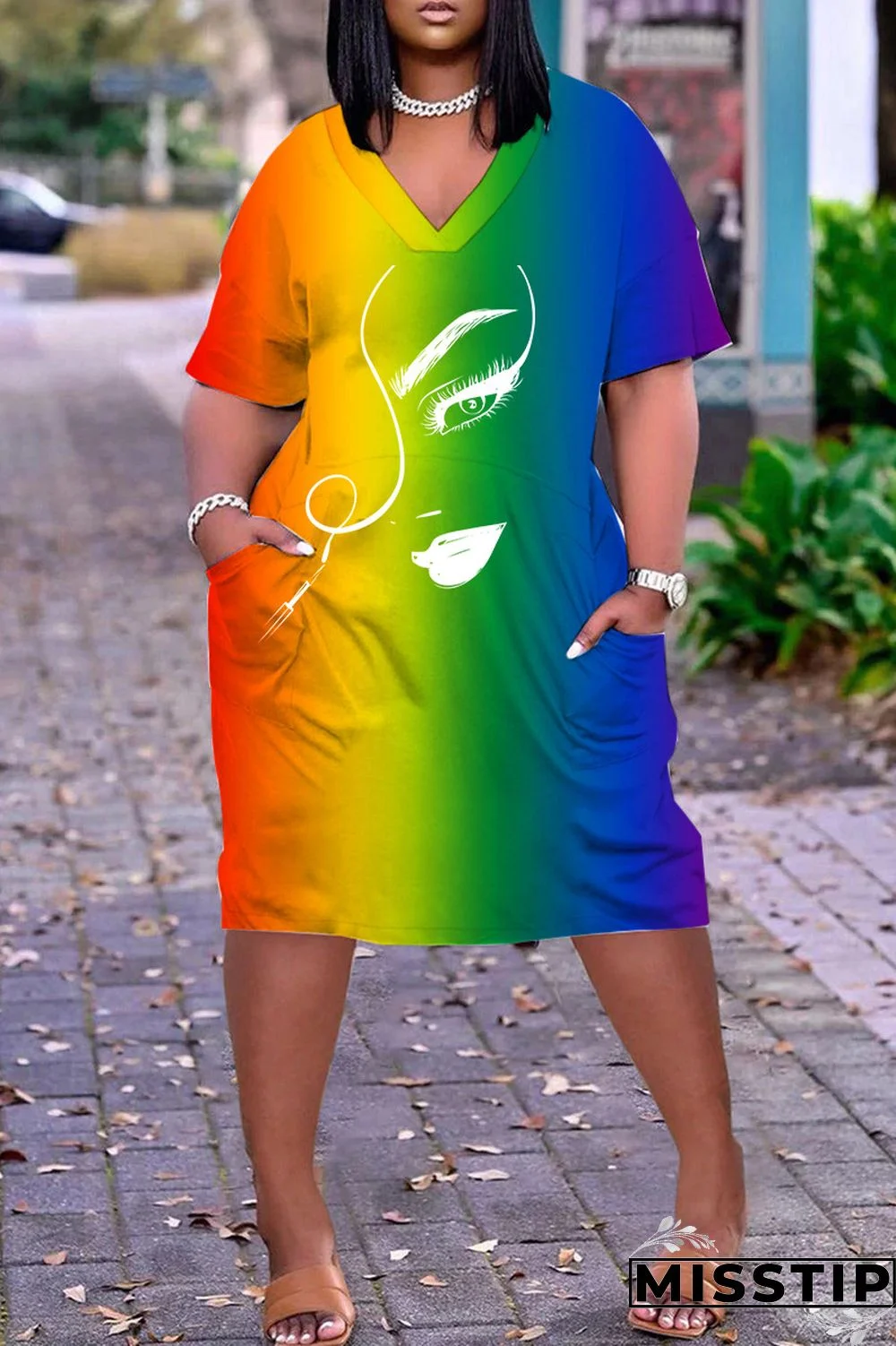 Blue Pink Casual Print Basic V Neck Short Sleeve Dress