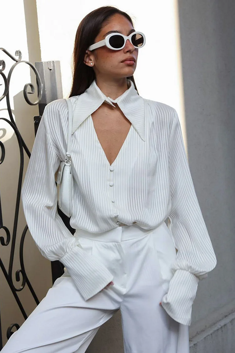 Stand Collar V-Shaped Cut Out Button Up Lantern Sleeve Blouse