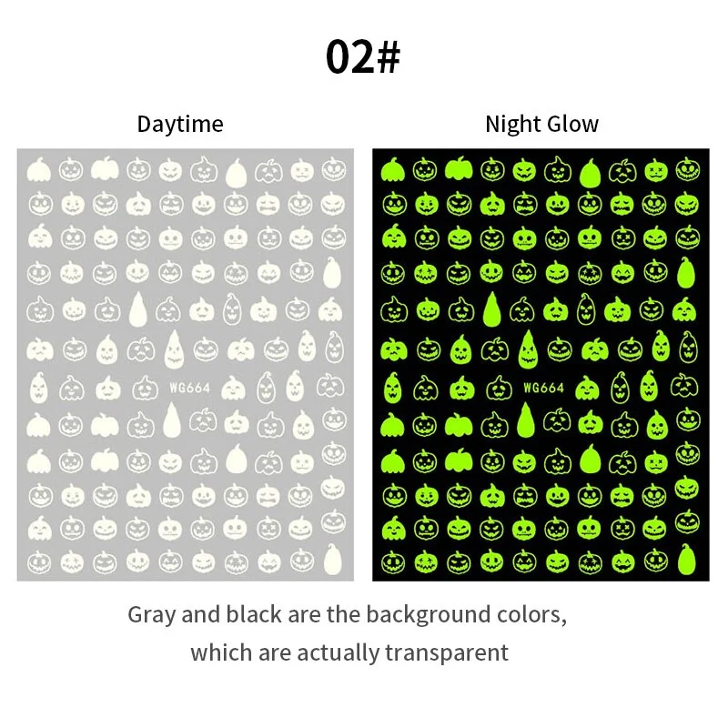 1PC Halloween Luminous 3D Nail Stickers Glowing In Dark Pumpkin Ghost Spider Web Party Design DIY Decals Slider Nail Decortion