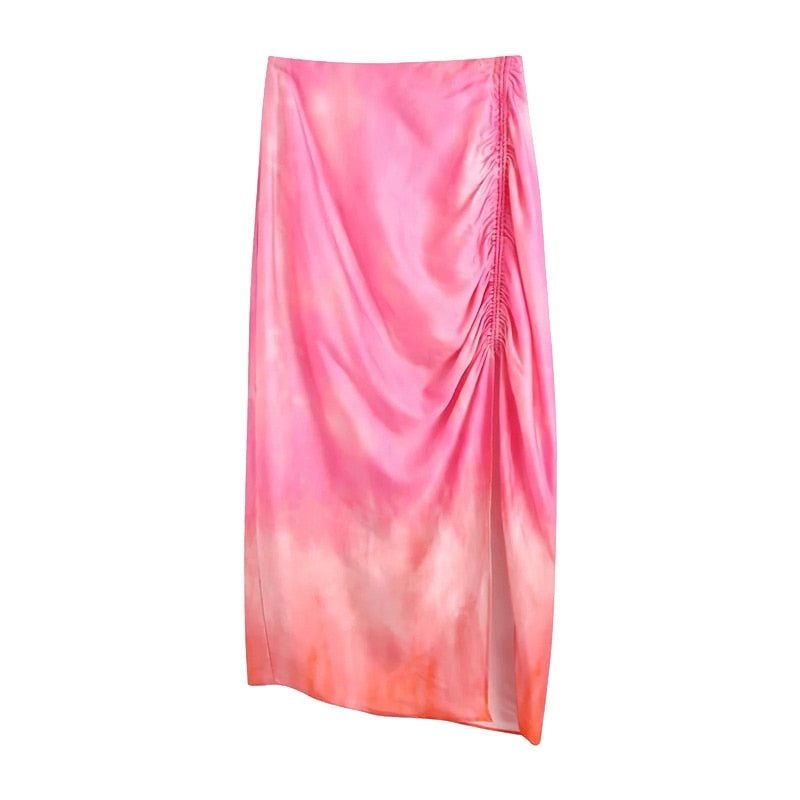 TRAF Women Chic Fashion Tie-Dye Draped Slit Hem Midi Skirt Vintage High Waist Back Zipper Female Skirts Mujer