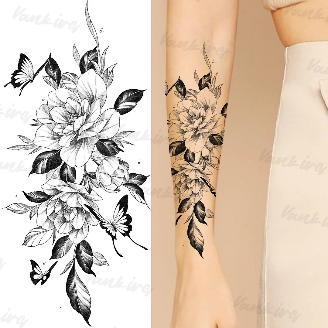 Sdrawing Peony Temporary Tattoos For Women Girls Realistic Anchor Butterfly Flower Fake Tattoo Sticker Sexy Body Arm Tatoos DIY