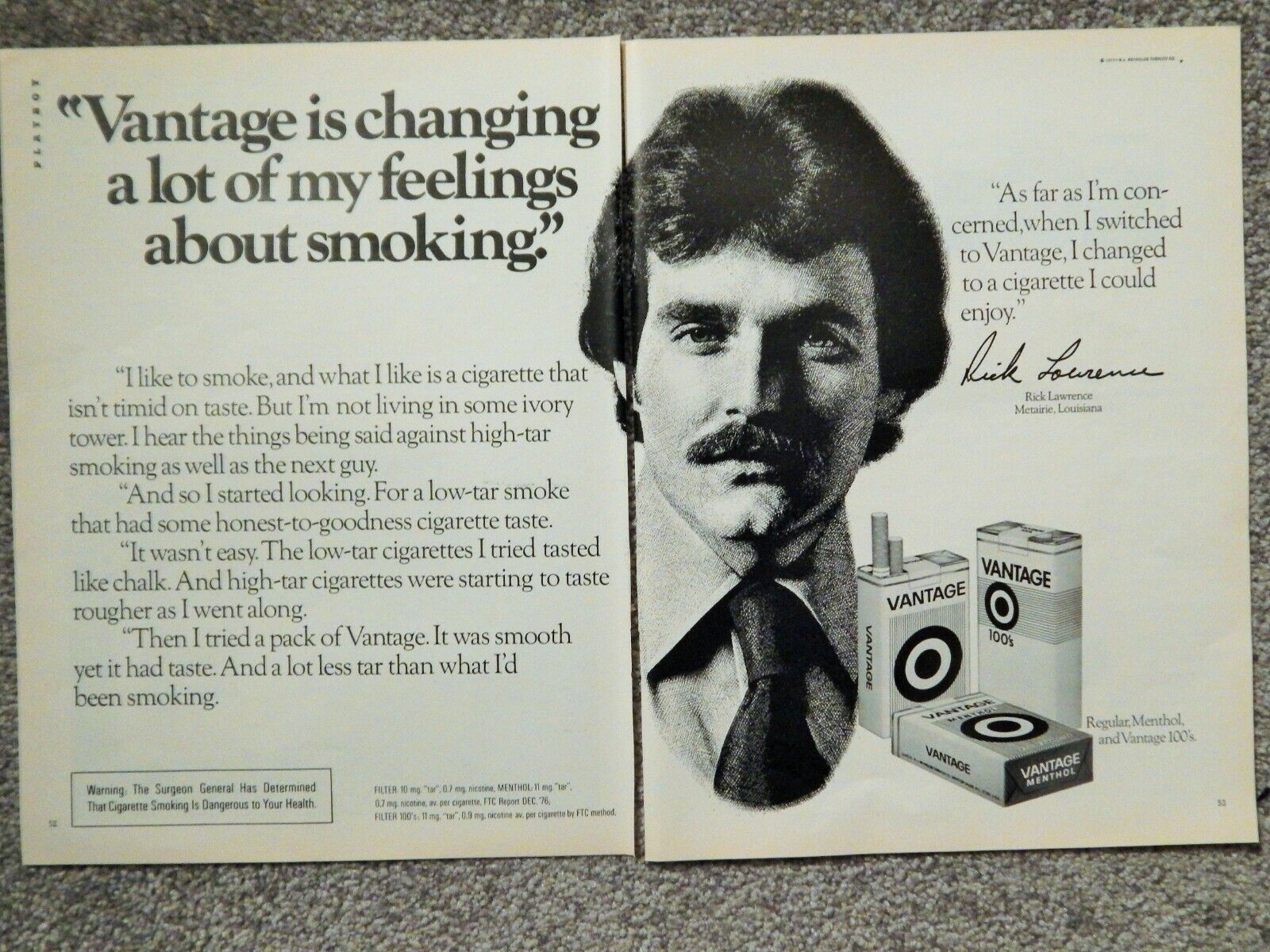 VANTAGE CIGARETTES / OLYMPUS SLR CAMERA / PHASE ORIG. VTG 1977 2-PAGE Photo Poster painting AD,