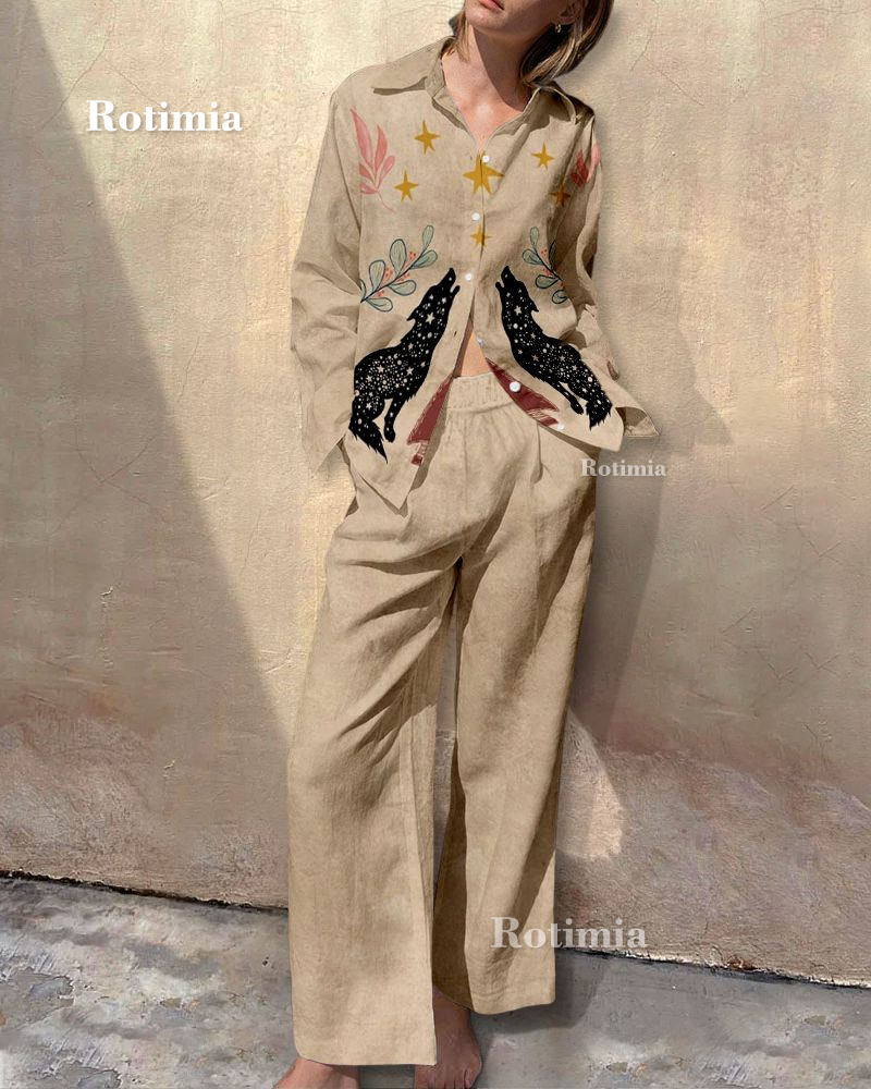 Vintage Printed Long Sleeve Shirt & Pants Two-Piece Set
