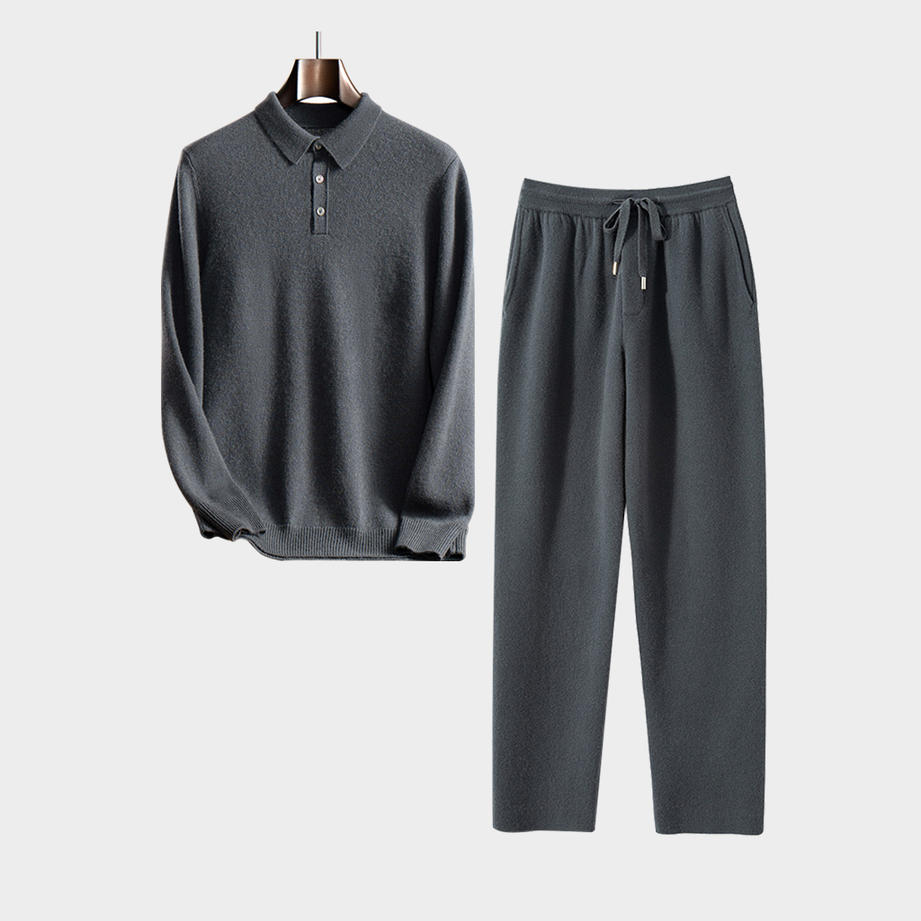 Men's Grey Cashmere Polo Shirt and Pants Set | Classic Casual Knitwear REAL SILK LIFE