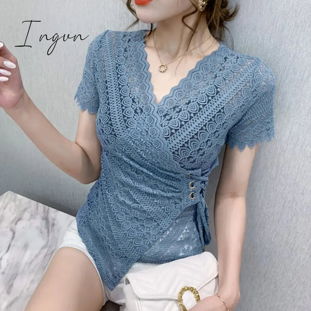 Ingvn - 5Xl Women Lace Tops New Arrivals Summer Short Sleeve V - Neck Women Blouse Shirt Sexy