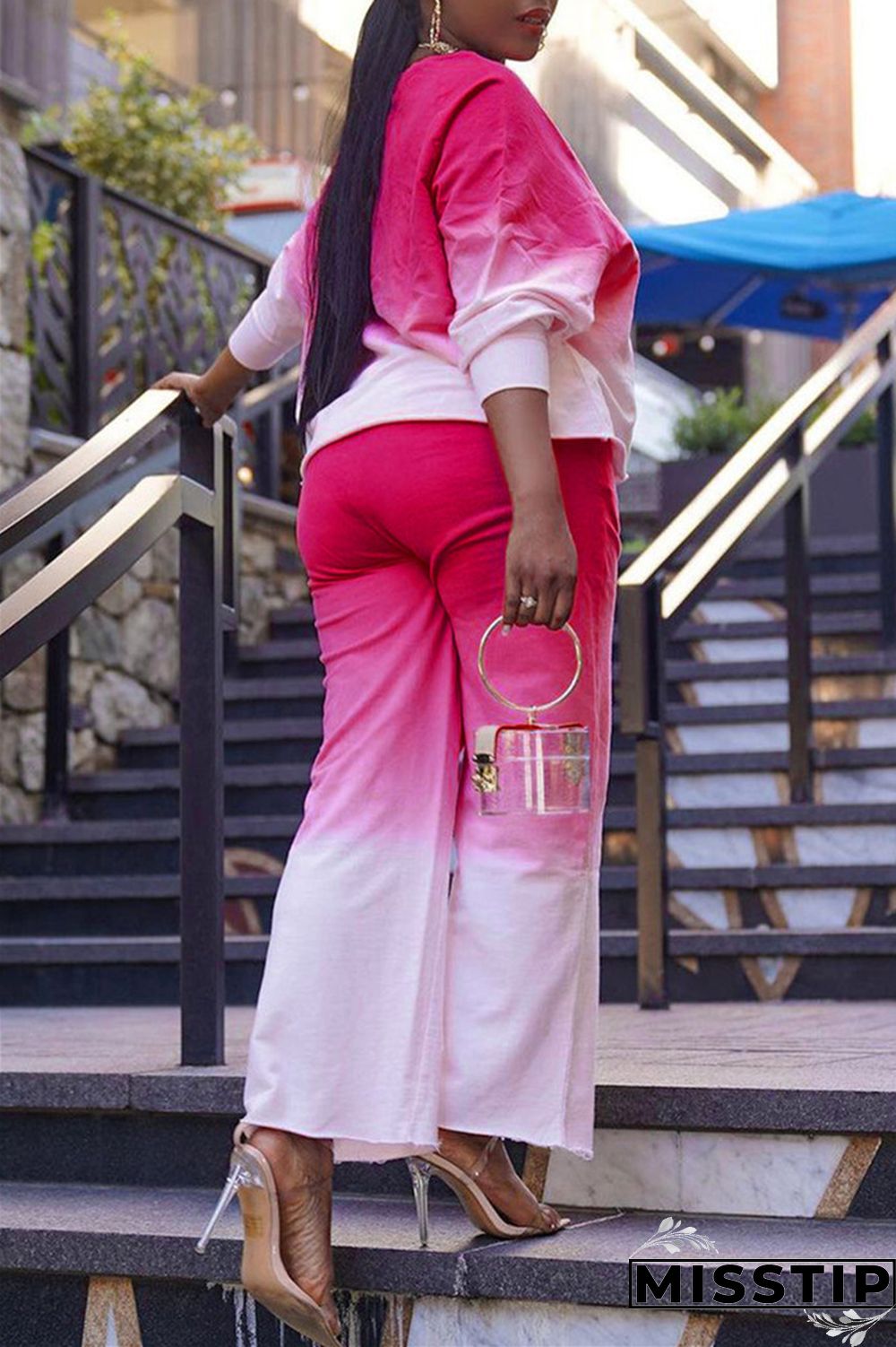 Blue Fashion Casual Gradual Change Letter Print Basic O Neck Long Sleeve Two Pieces