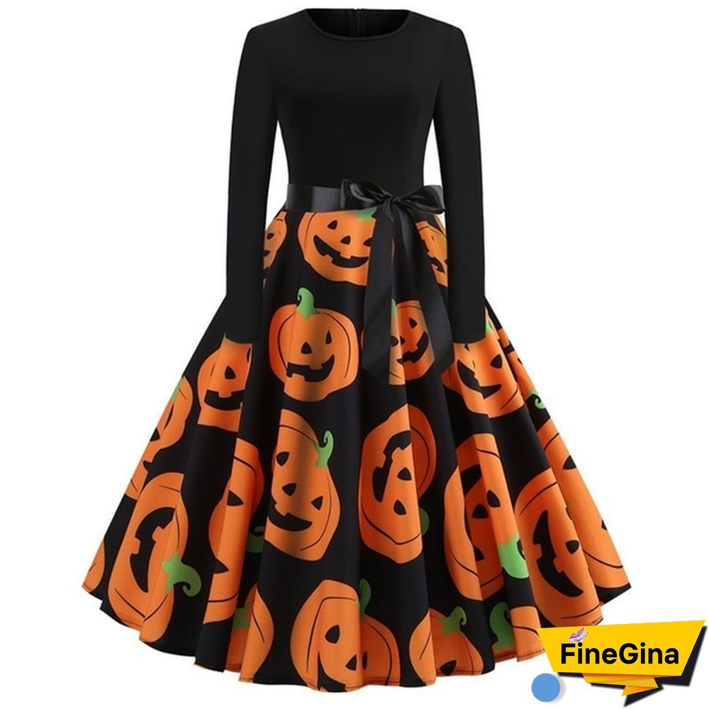 Autumn Winter Fashion Lady Xmas Clothes Christmas Costume Casual Long Sleeve Halloween Print Party Dress