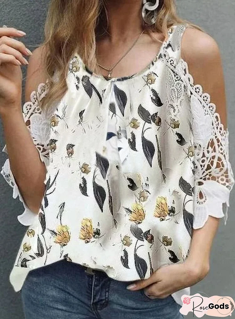Floral Loosen Crew Neck Lace Sleeve Short Sleeve Tops