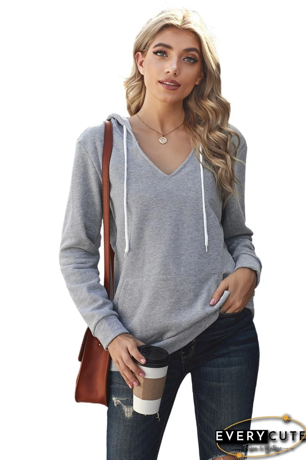 Gray V Neck Kangaroo Pocket Drawstring Hoodie