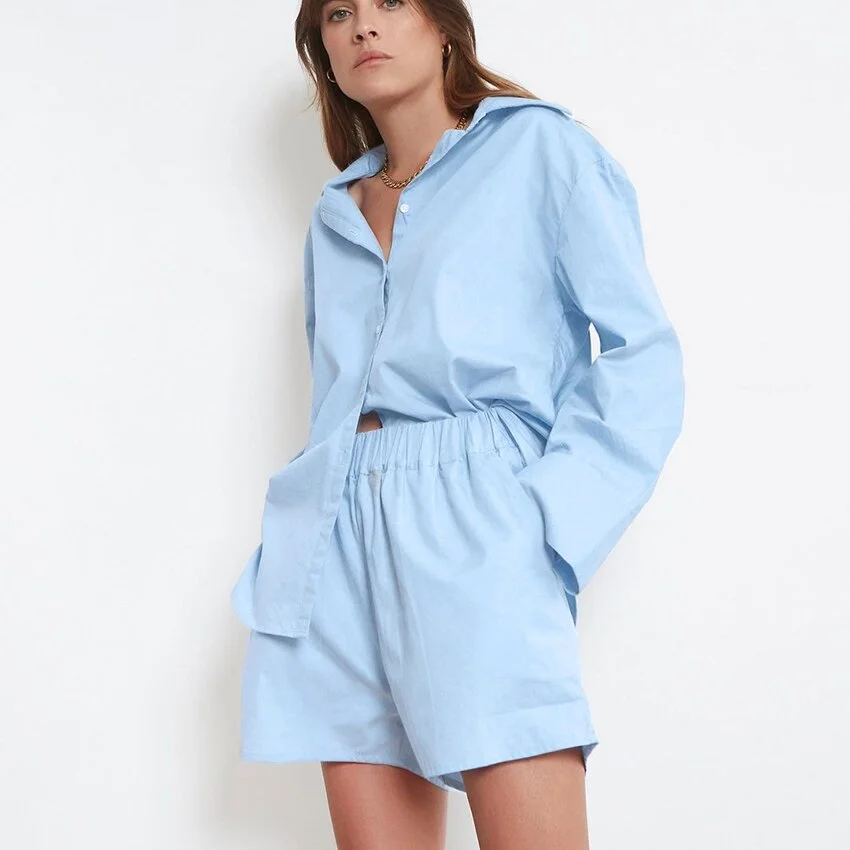 OOTN Cotton Casual Suits Women Long Sleeve Sets Blue Home Wear Solid Tops Female White Shorts Two Piece Sets Spring Summer 2021