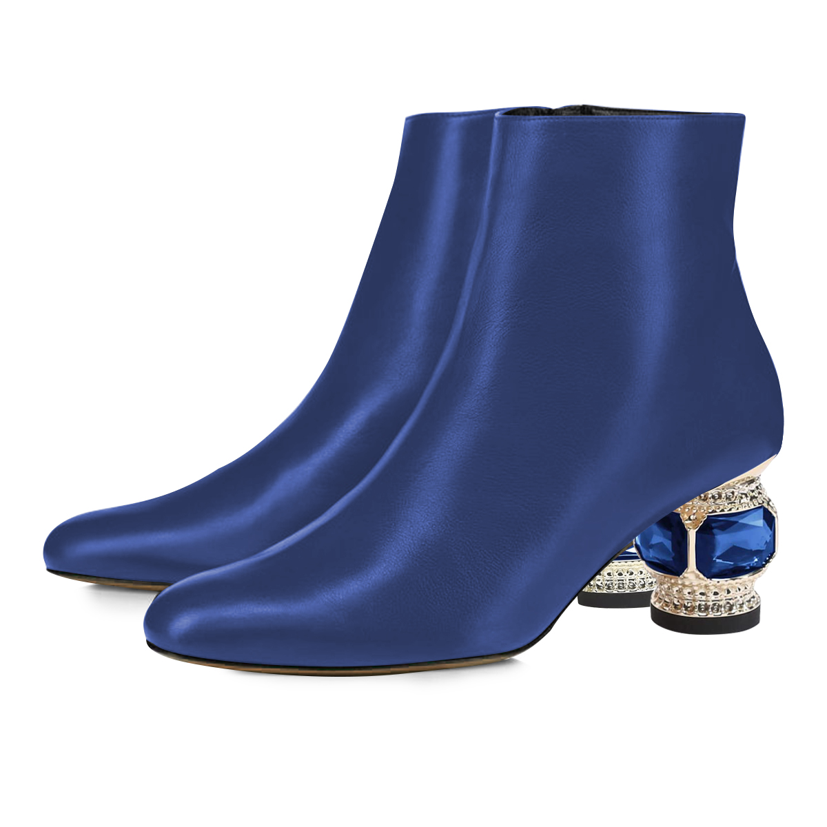 Navy Blue Pointed Toe Decorative Heel Side-Zip Shiny Ankle Boots Nicepairs