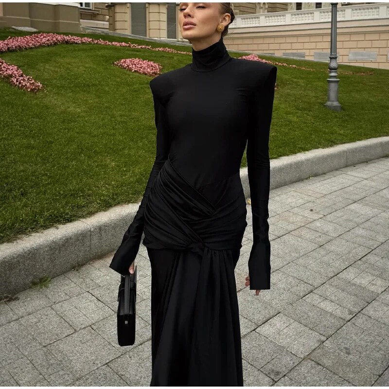 Elegant Black High Neck Bodycon Maxi Dresses Sexy O-neck Long Sleeve Shoulder Pad Lace Up Vestidos 2024 Autumn Lady Party Robes 6 Elegant Black High Neck Bodycon Maxi Dresses Sexy O-neck Long Sleeve Shoulder Pad Lace Up Vestidos 2024 Autumn Lady Party Robes