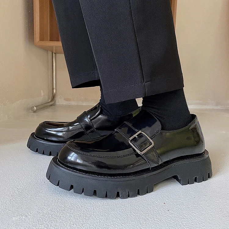 1590-P98 Retro Buckle Added High Loafers-dark style-men's clothing-halloween