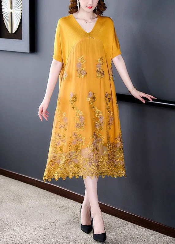 Yellow Patchwork Tulle Dresses Embroideried V Neck Summer