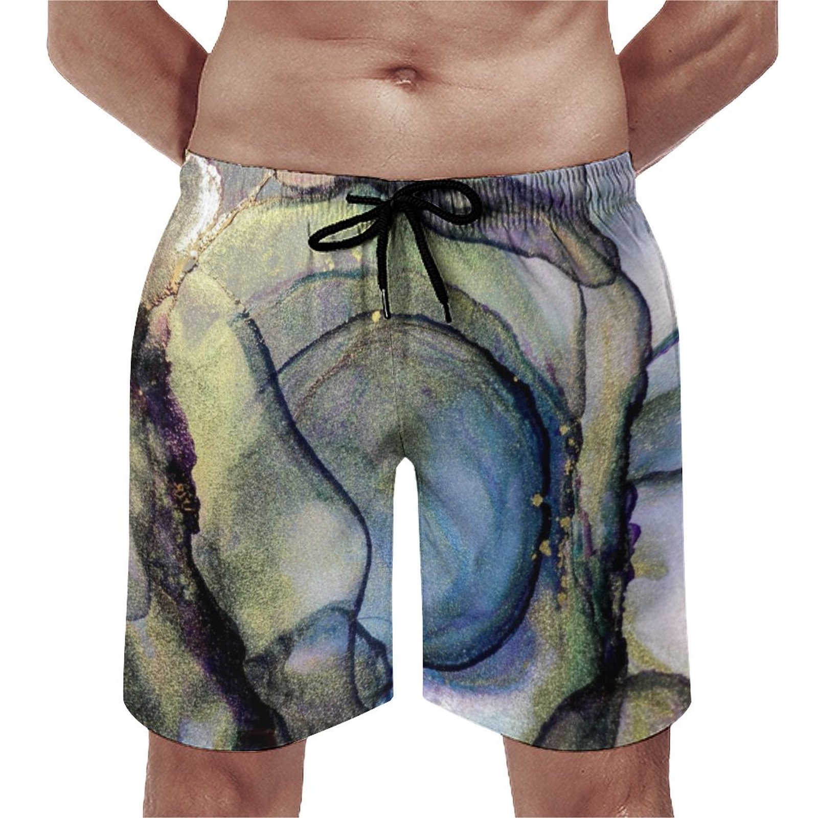 Abstract Alcohol Ink Shimmery Multicolored Elegant Men's Swim Trunks Summer Board Shorts Quick Dry Beach Short with Pockets