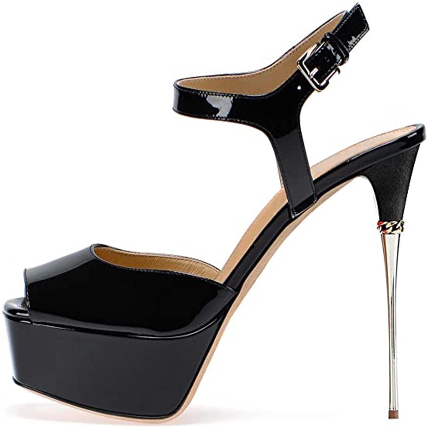 TAAFO Black Leopard Metal High Thin Heels Stilettos Platform Sandals Woman Ankle Warp Ladies Party Shoes 16cm