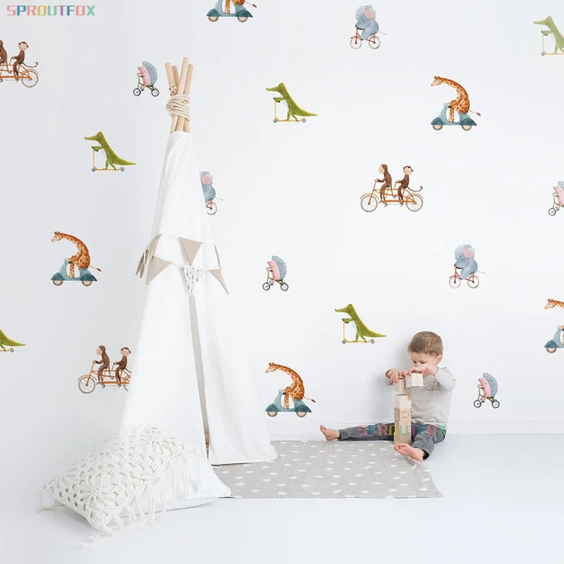 Sport Animal Wall Sticker for Kids Room Nursery Boys Bedroom Giraffe Electric Bicycle Elephant Bicycle Crocodile Scooter Decals