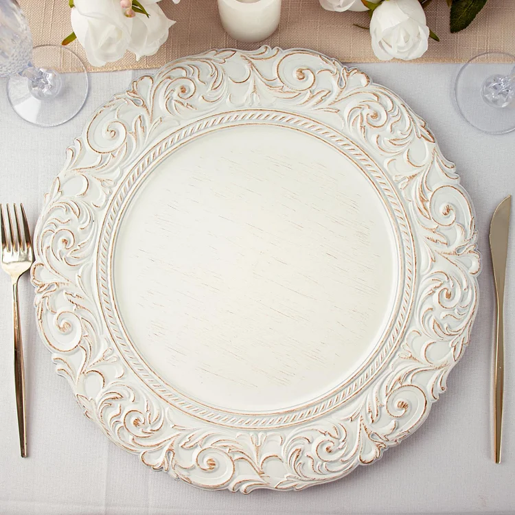 6 Pack Antique White / Gold Vintage Plastic Serving Plates With Engraved Baroque Rim, Round Disposable Charger Plates 14"