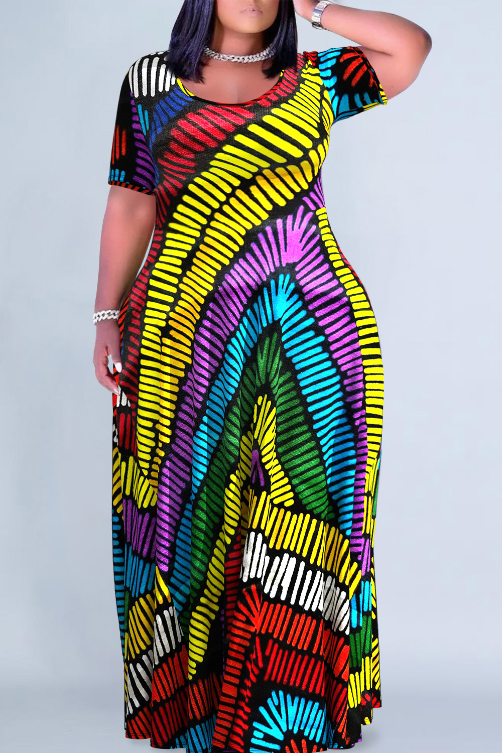 Plus Size Casual Multicolor Colorblock Round Neck Short Sleeve Maxi Dresses [Pre-Order]