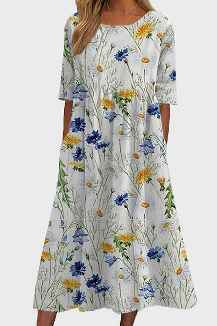 Floral Pattern Print A-Line Linen Casual Midi Dress [Pre Order]