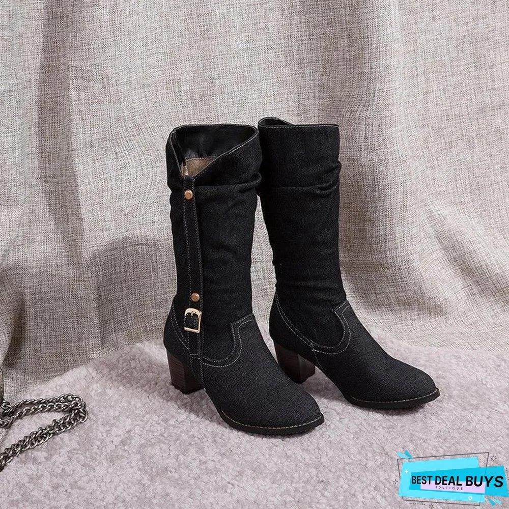 Thick Heel Buckle Cowboy Boots