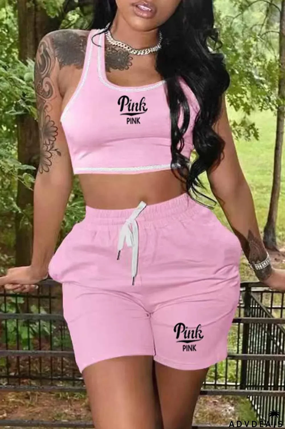 Blue Casual Print Letter U Neck Sleeveless Two Pieces