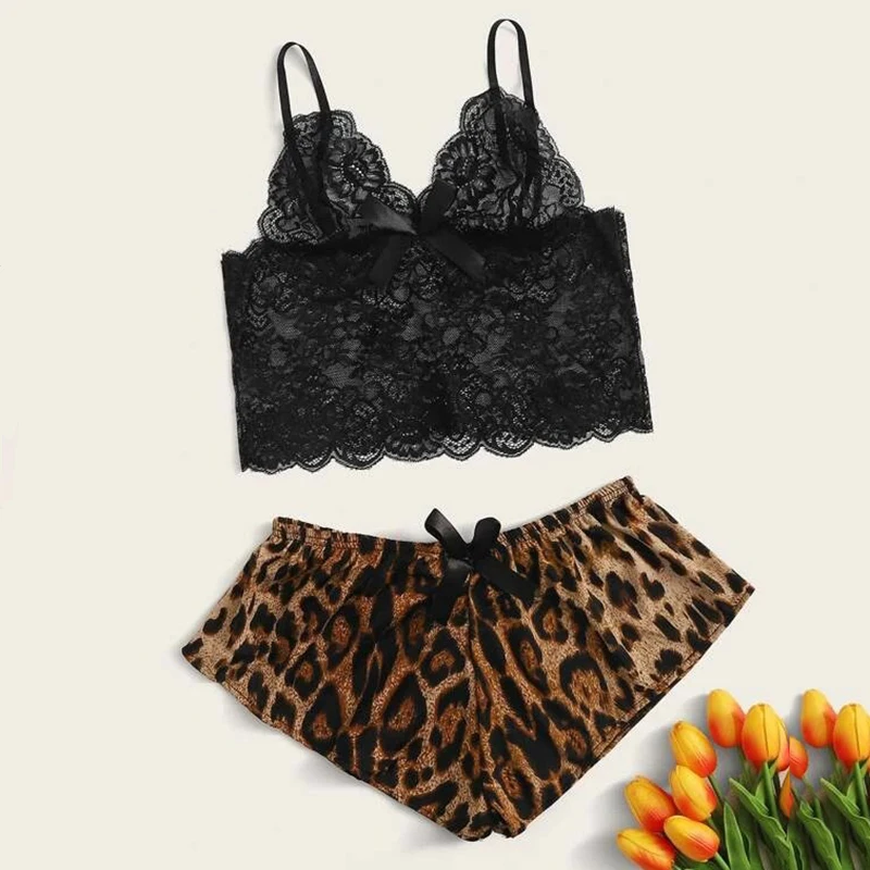 Boycrud Women Lace Transparent Tops Sleepwear Sleeveless Strap Nightwear Leopard Print Shorts Pajama Sets Sexy Lingerie Pyjamas