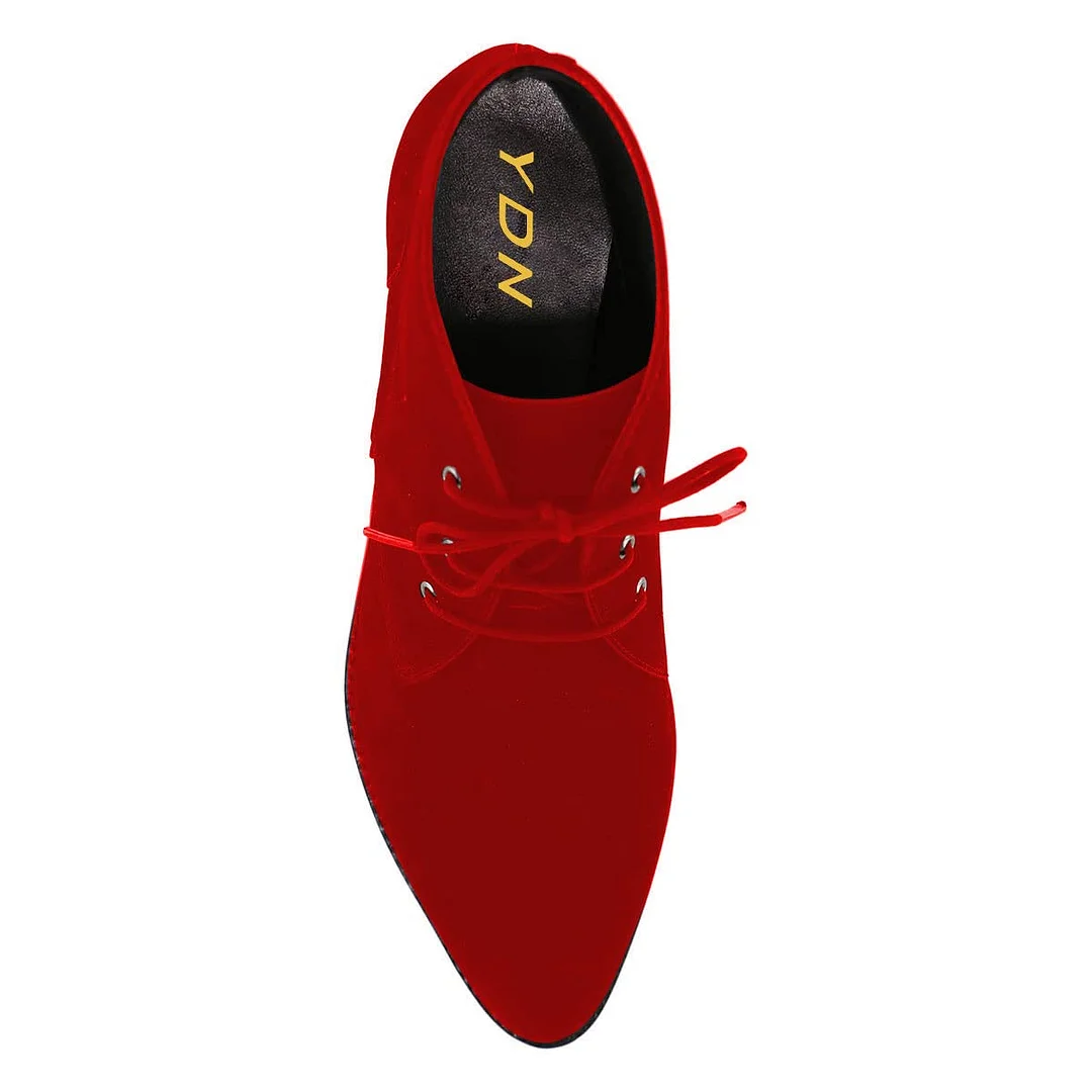 Faux Suede Almond Toe Lace-Up Comfy Flat Oxford Shoes in Red